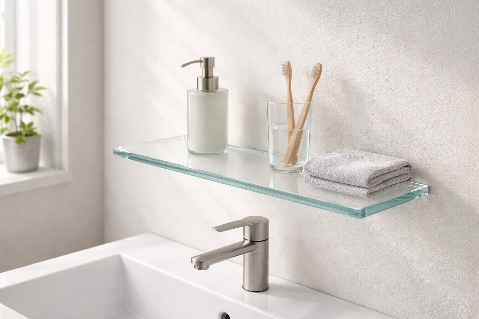 Eine schwebende Ablage aus transparentem Acrylglas hängt über einem Waschbecken in einem modernen Badezimmer.