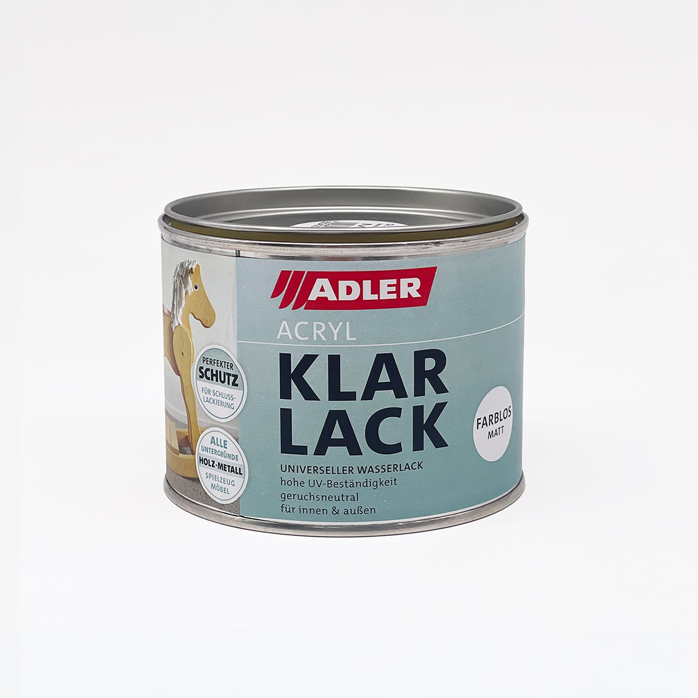Vorderseite einer Dose ADLER Acryl Klarlack für Innen- und Außenanwendungen.