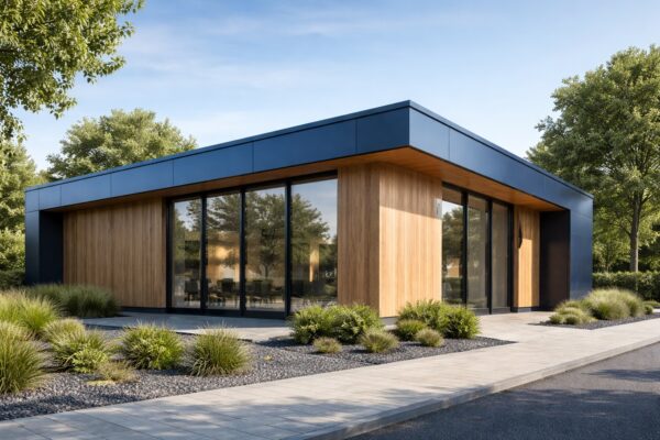 Ein Dachrand aus blaufarbigem Aluminium-Farbblech ist kombiniert mit einer Holzfassade.