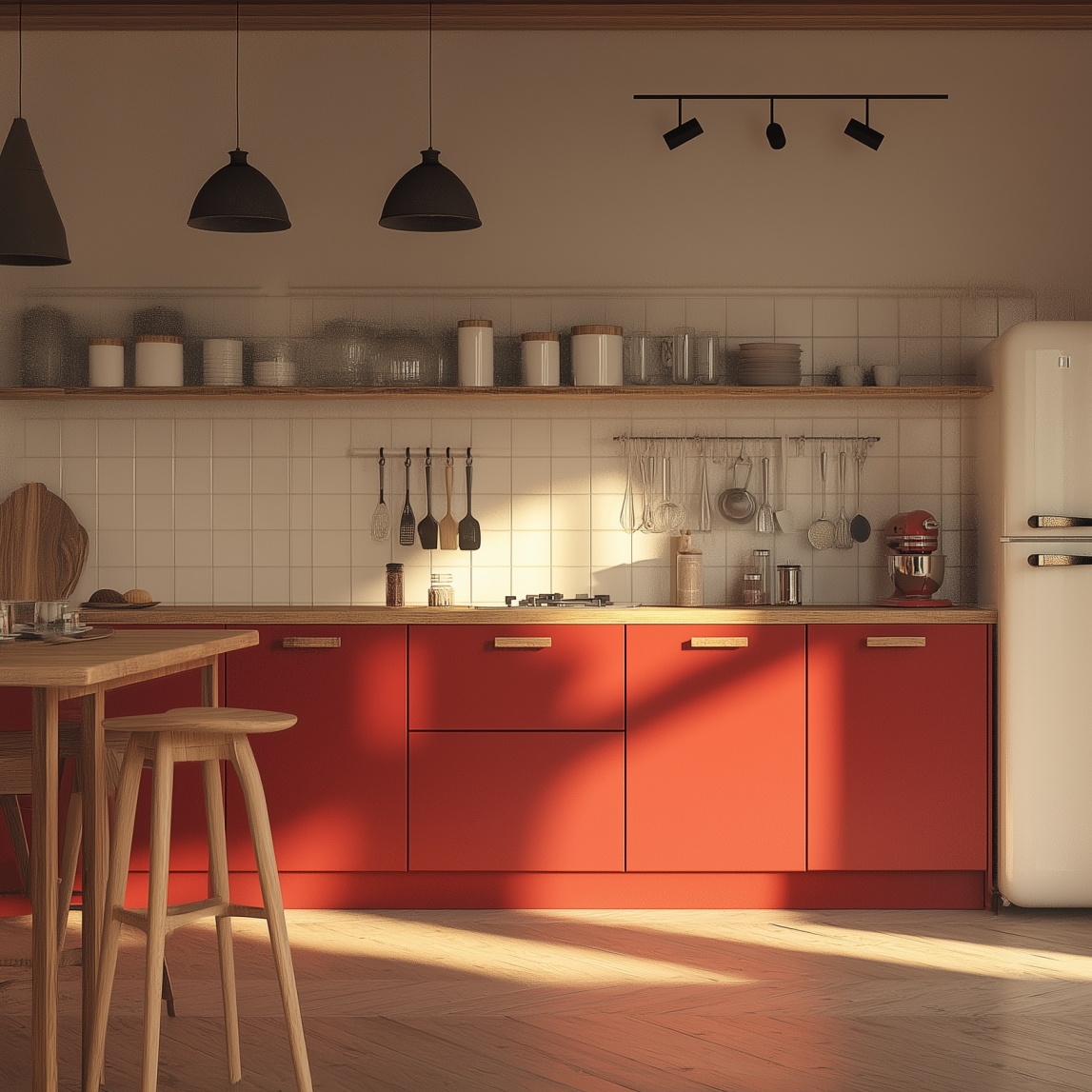Moderne keuken met rode fronten en houtdetails.