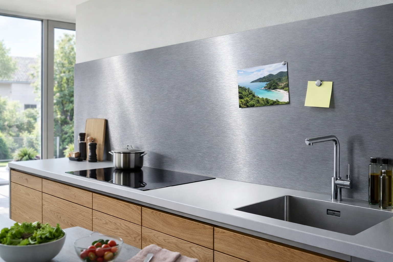 Moderne Wohnküche mit magnetischer Edelstahlrückwand im K240 Längsschliff.