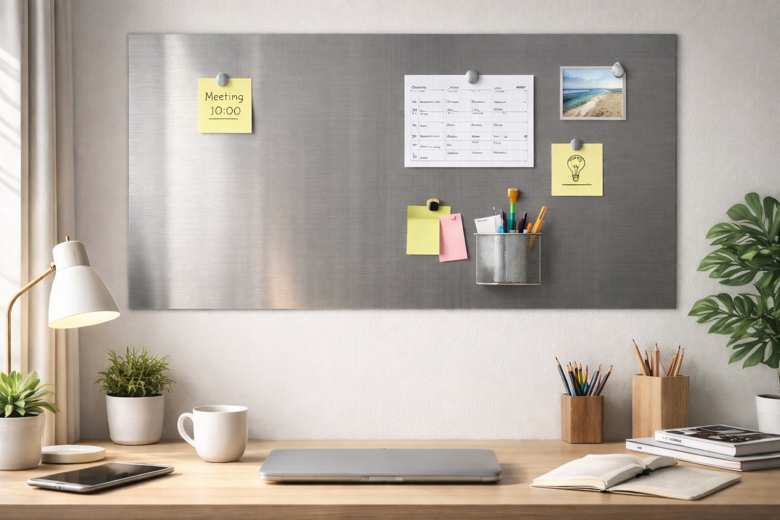 Homeoffice mit magnetischer Edelstahlfläche im K240 Schliff zur Organisation.