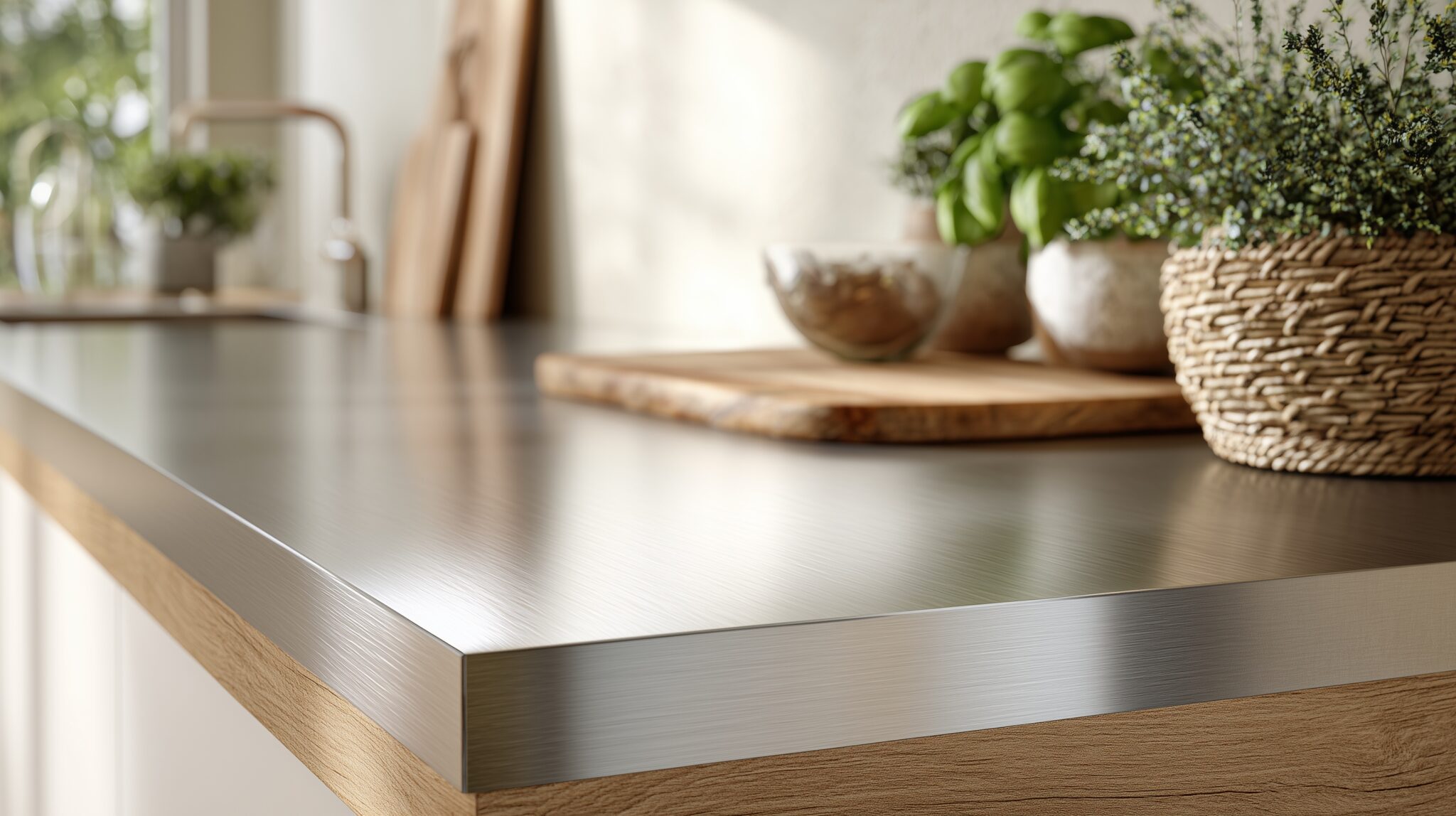 Küchenarbeitsplatte aus gebürstetem Edelstahl mit Holz und Pflanzen.
