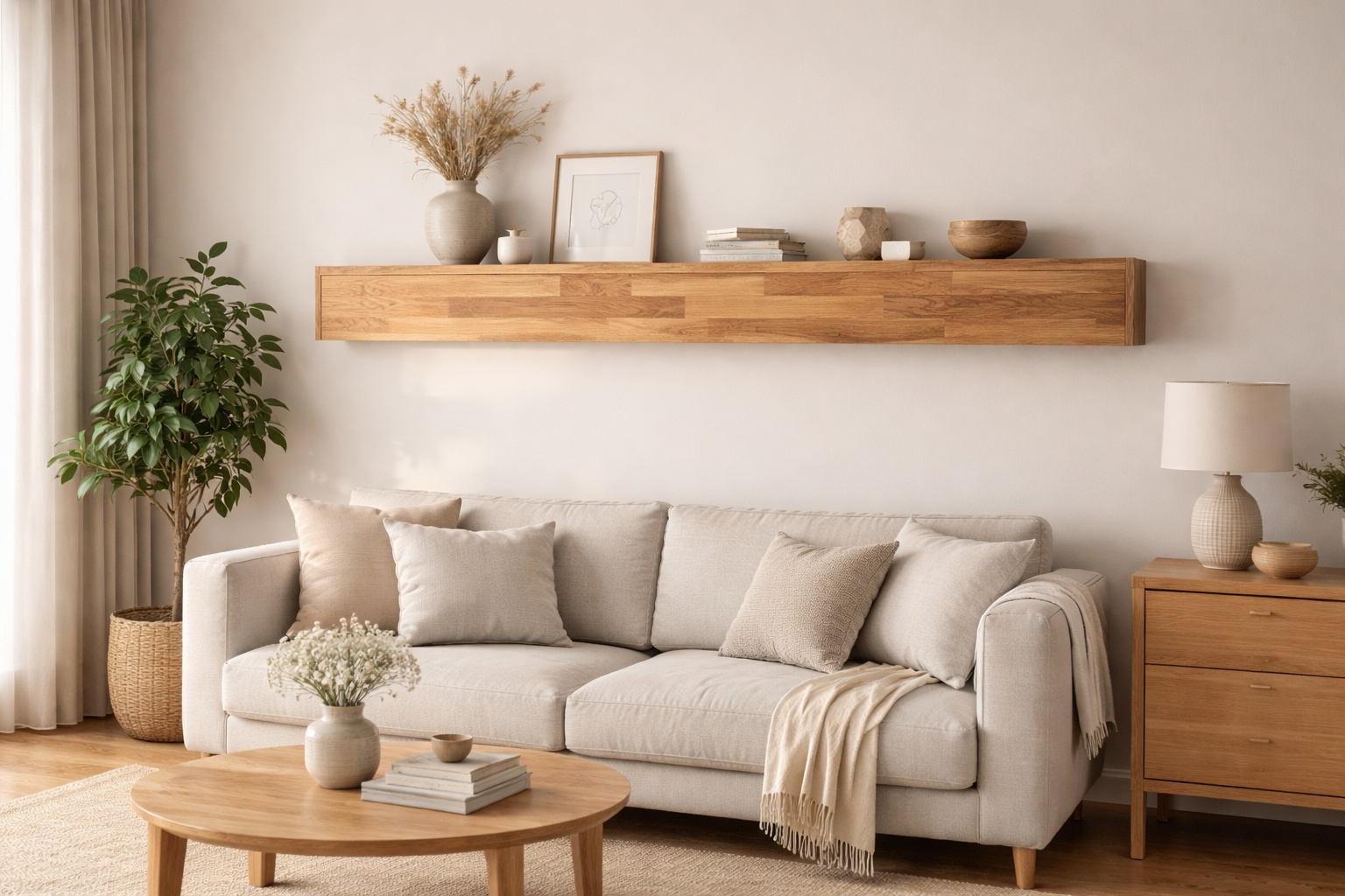 Wandregal aus massivem Eichenholz mit variierender Lamellenstruktur im Wohnzimmer.