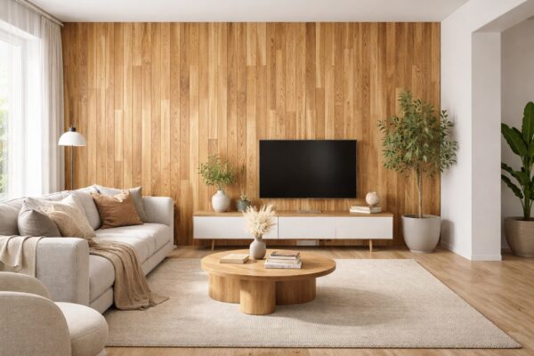 Wohnzimmer mit Akzentwand aus Eichenholz mit variierender Lamellenstruktur.