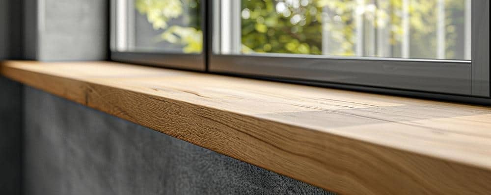 Eine Holzfensterbank zeigt eine deutliche Maserung in einem modernen Innenraum.
