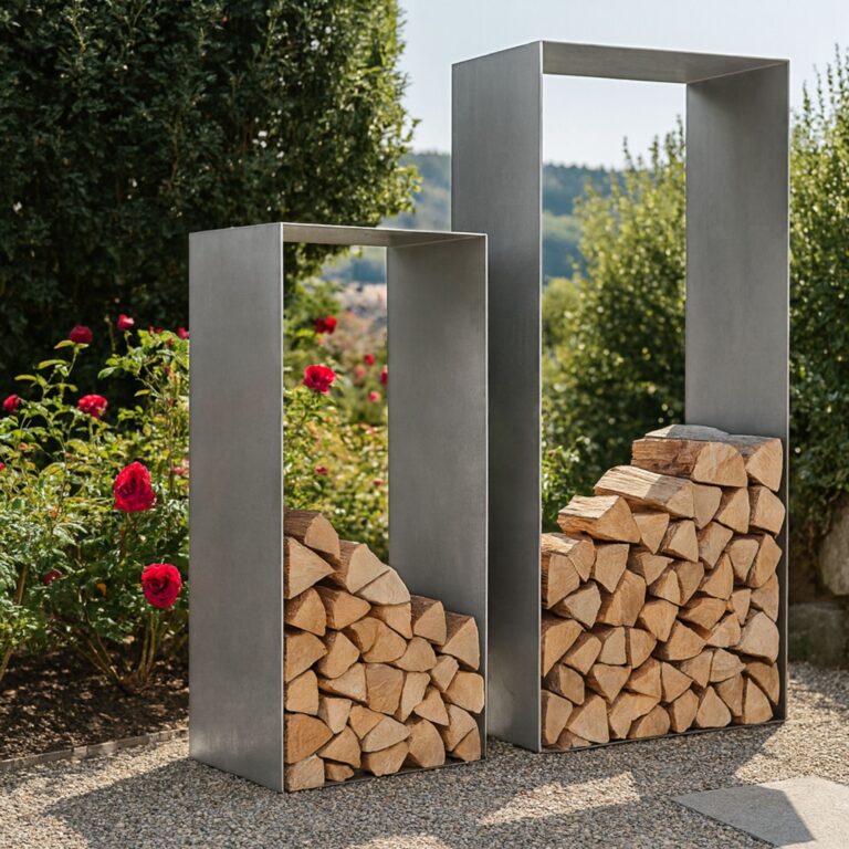 Moderne Edelstahl-Holzlager im Garten mit Brennholz.
