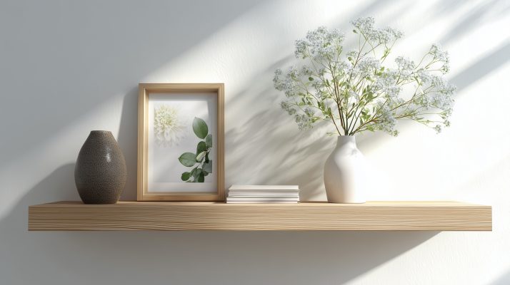 Ein Wandboard aus Fichtenholz mit natürlicher Maserung, montiert auf weißer Wand mit dezenter Dekoration.