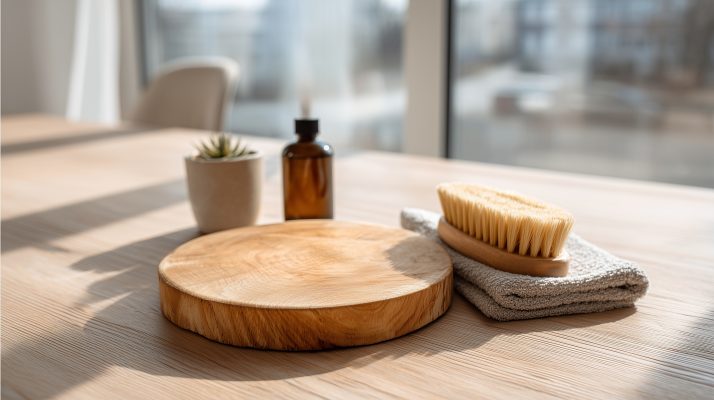 Auf einem Holztisch stehen verschiedene Pflegeprodukte – Öl, Pinsel, Tuch - neben einer unbehandelten Fichtenplatte.
