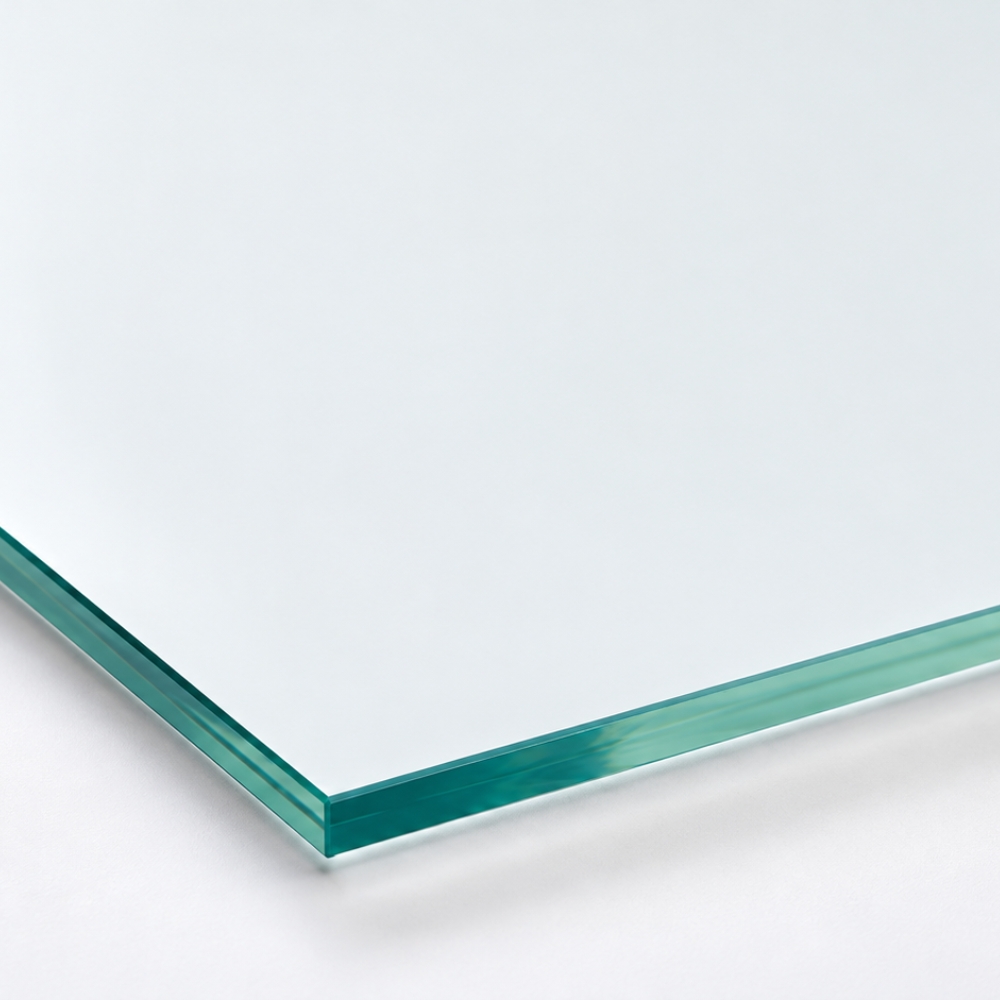 Eine Nahaufnahme zeigt eine Ecke einer Floatglas-Platte aus klarem Weißglas mit grünlicher Kante.