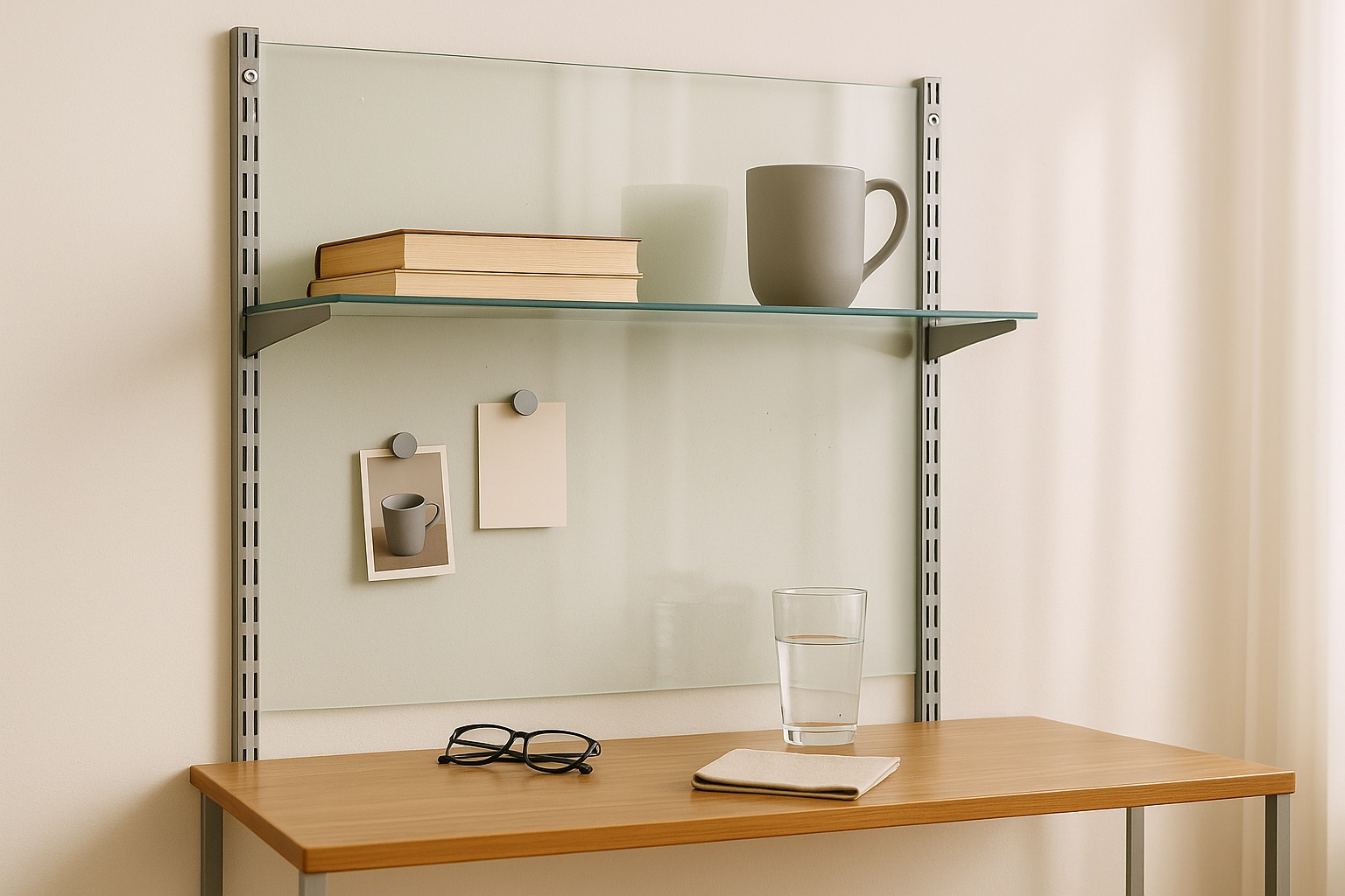 Regal mit Floatglas-Rückwand, Büchern, Brille und Tasse.
