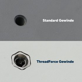 Vergelijking van standaard schroefdraad en ThreadForce roestvrijstalen schroefdraad in HPL-platen.