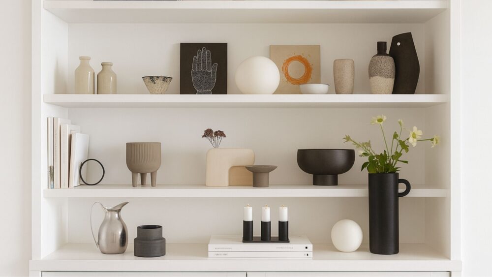 Weißes Regal aus Smart+ Dekor mit minimalistischer Deko aus Keramik, Büchern und Vasen.