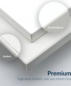 Vergleich von zwei Dekorkanten: unten sichtbare Fuge, oben nahtlos verschweißte Premiumkante von Zuschnittprofi.de.