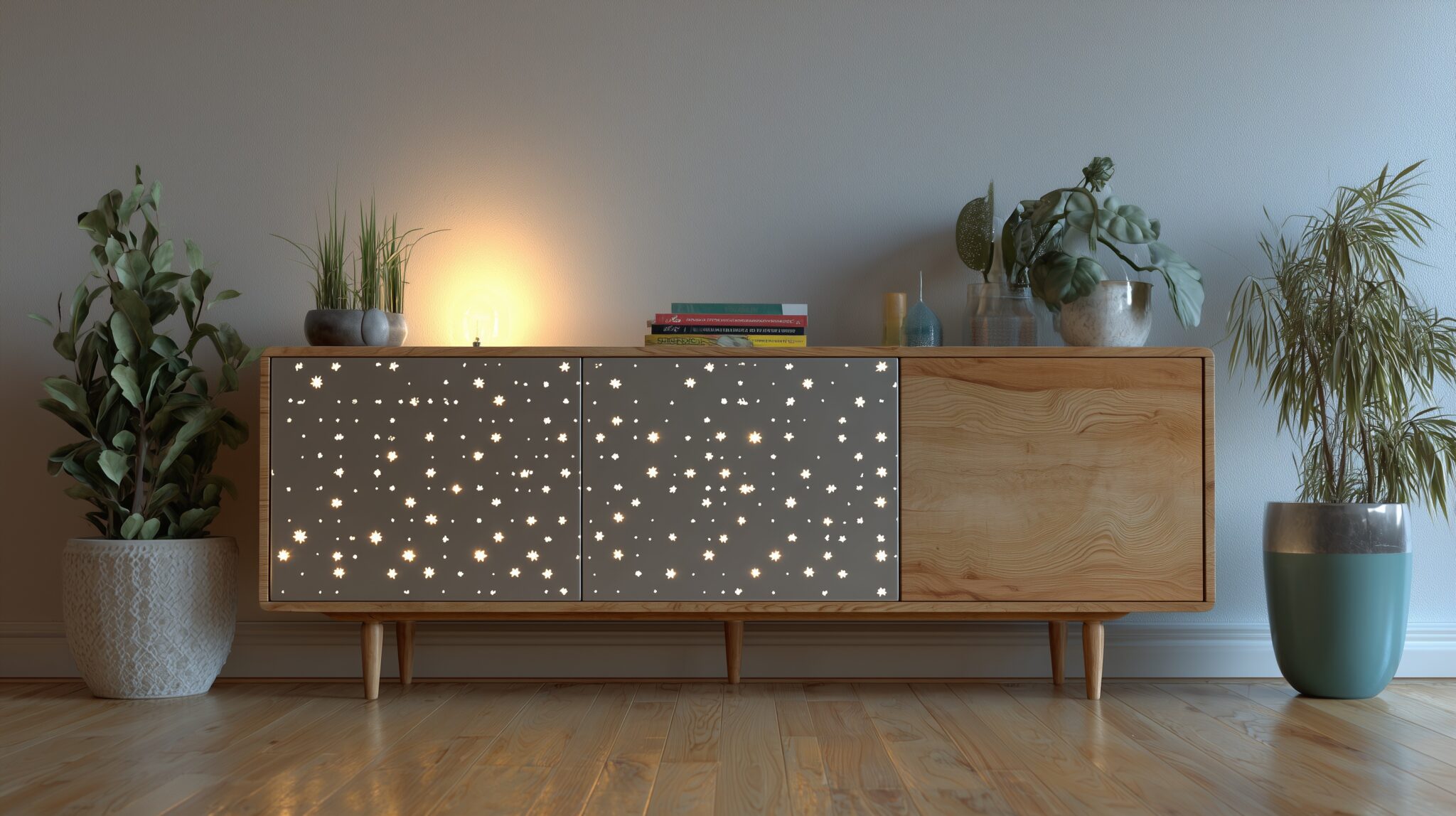 Sideboard mit Rückwand aus Lochblech-Sternform in modernem Interior.