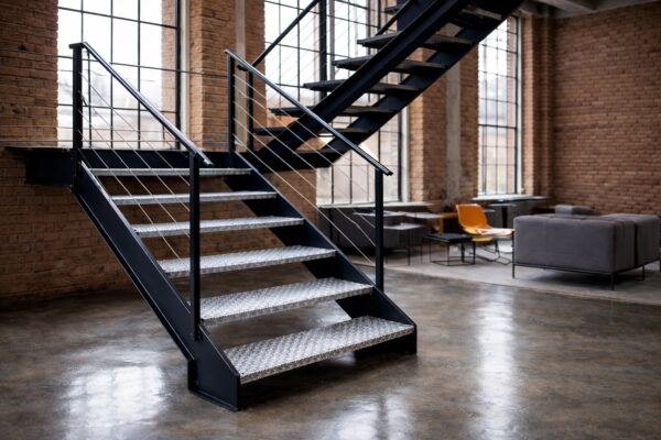 Moderne Stahltreppe mit offenen Stufen aus Aluminium-Mini-Duett-Riffelblech in Wohnraum.