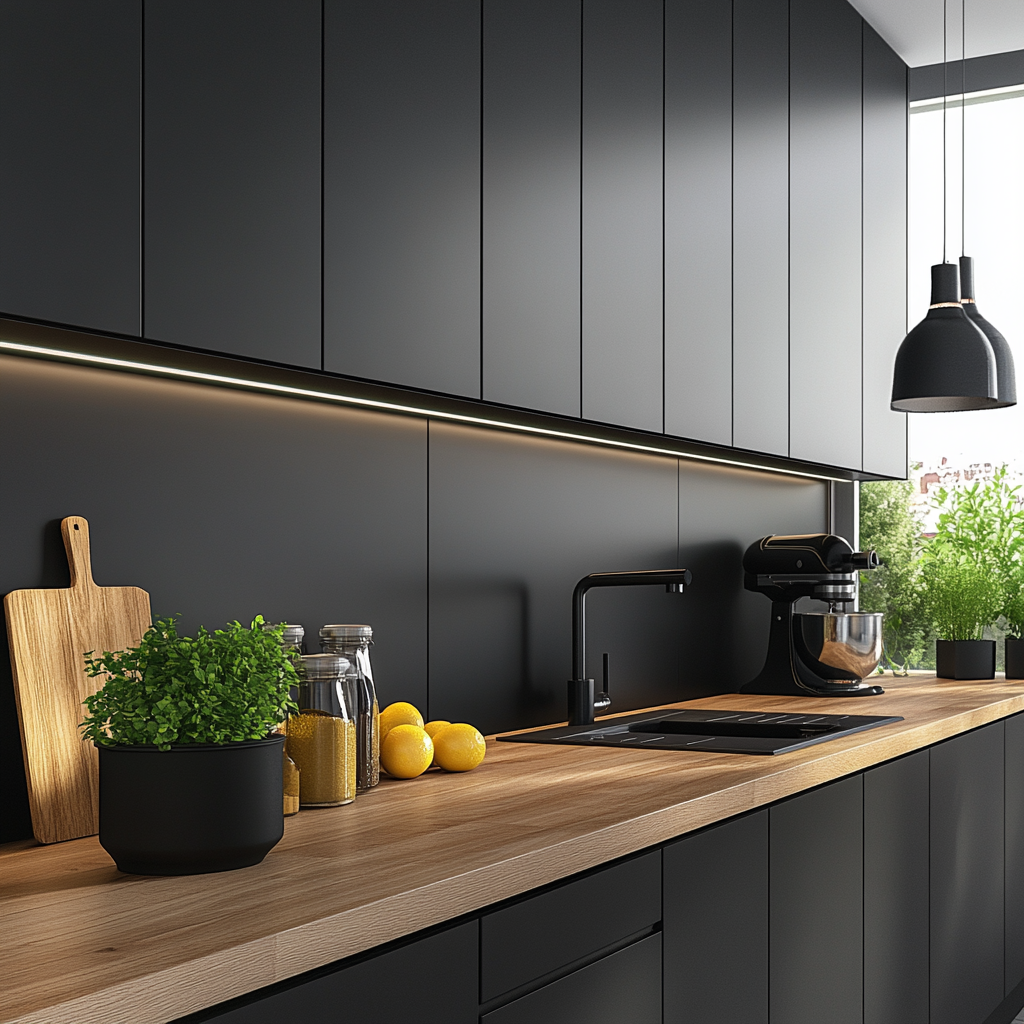 Moderne Küche mit schwarzen Dekorationen, ausgestattet mit eleganten schwarzen Möbeln und stilvollen Accessoires.