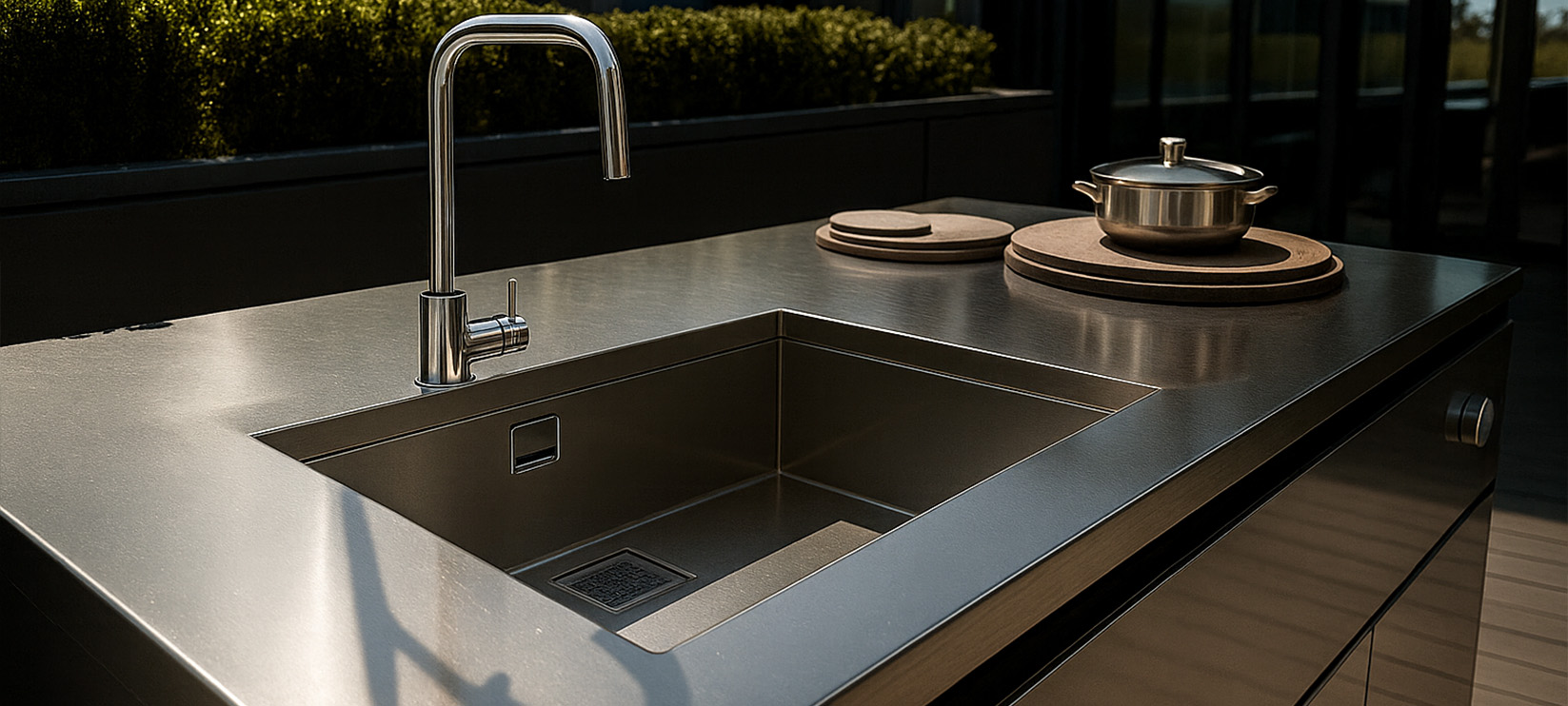 Moderne buitenkeuken met RVS spoelbak, kookplaat en minimalistisch design in zonlicht.
