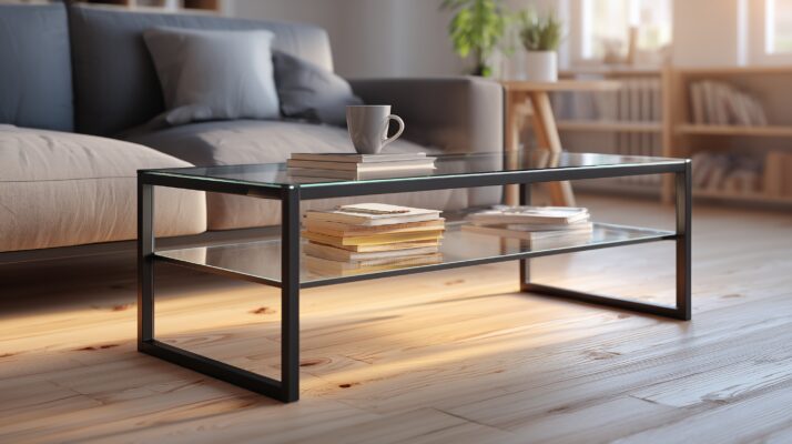Couchtisch mit Glasplatte und Rechteckrohrgestell.
