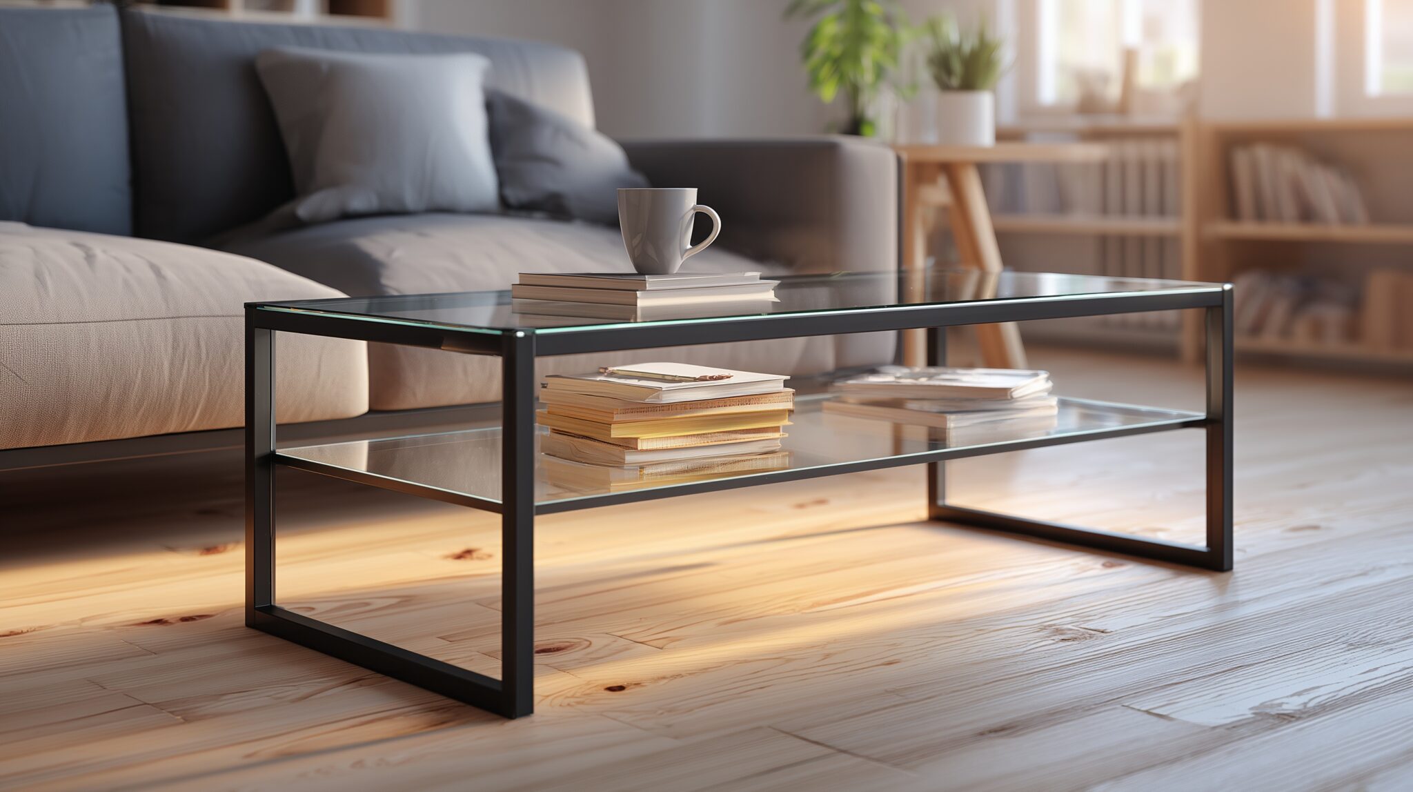 Couchtisch mit Glasplatte und Rechteckrohrgestell.