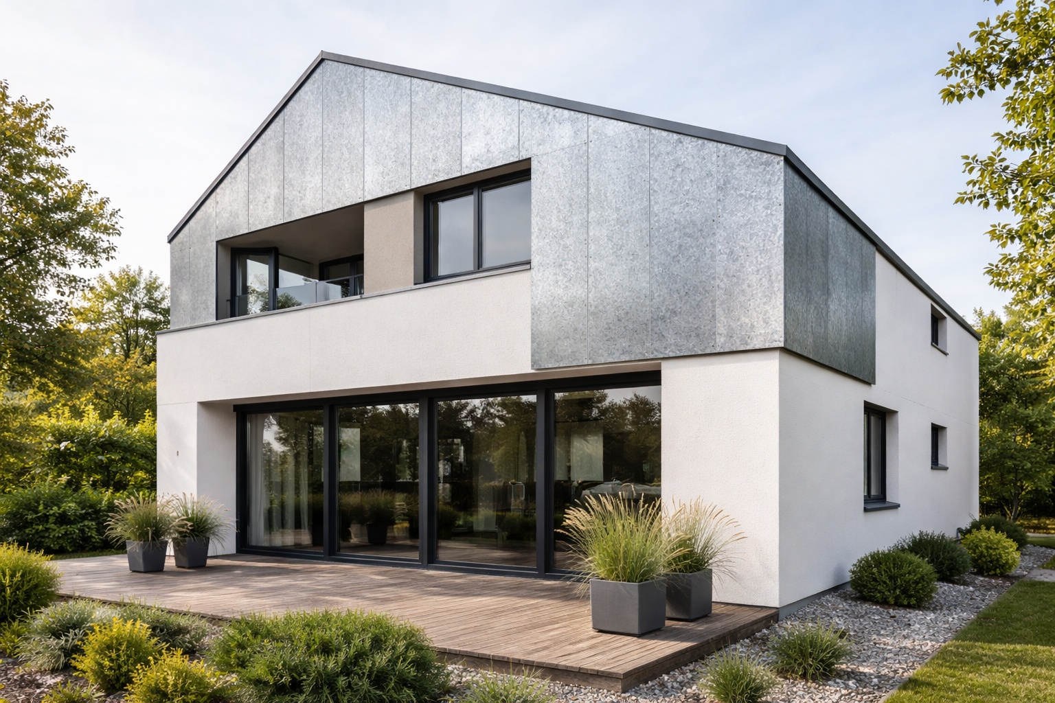 Einfamilienhaus mit Fassade aus verzinktem Stahlblech in einer grünen Umgebung.