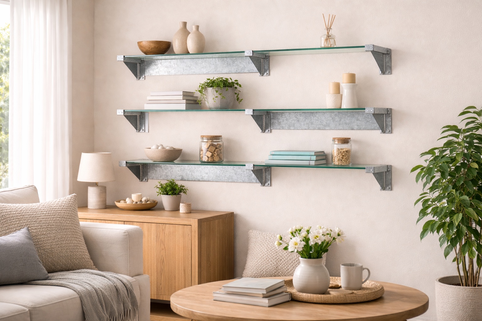 Ein Wandregal aus verzinktem Stahlblech mit integrierten Glasauflagen in einem Wohnzimmer.