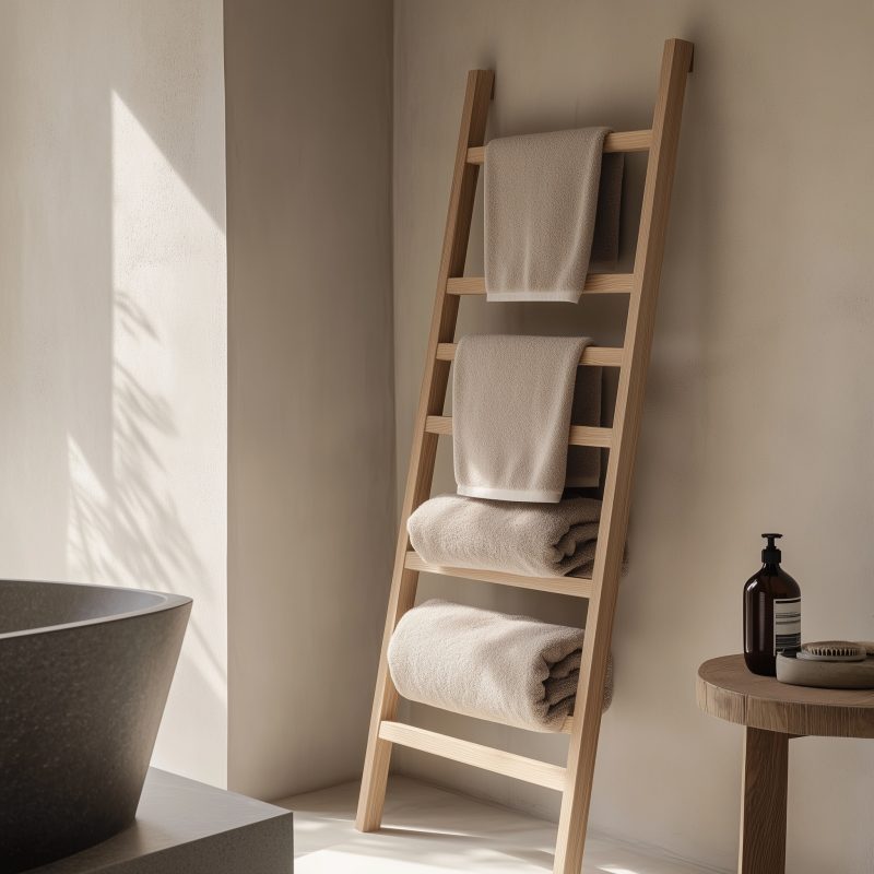 Handtuchleiter aus Eiken houten latten im modernen Badezimmer.