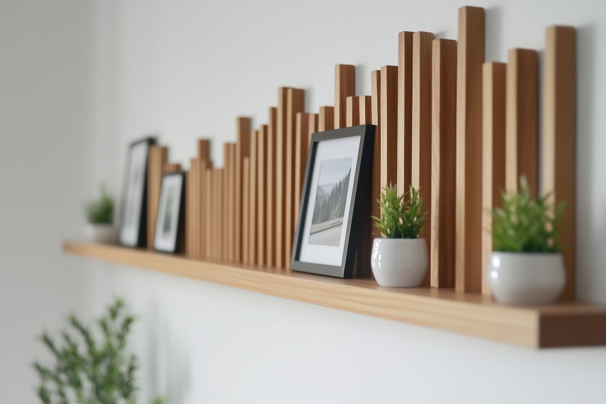 Dekoratives Wandregal mit Eiken houten latten und Bilderrahmen.
