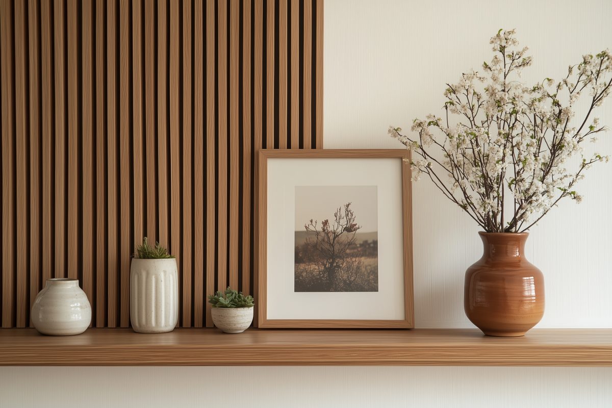 Dekorative Wandverkleidung aus Eiken houten latten mit Regal.