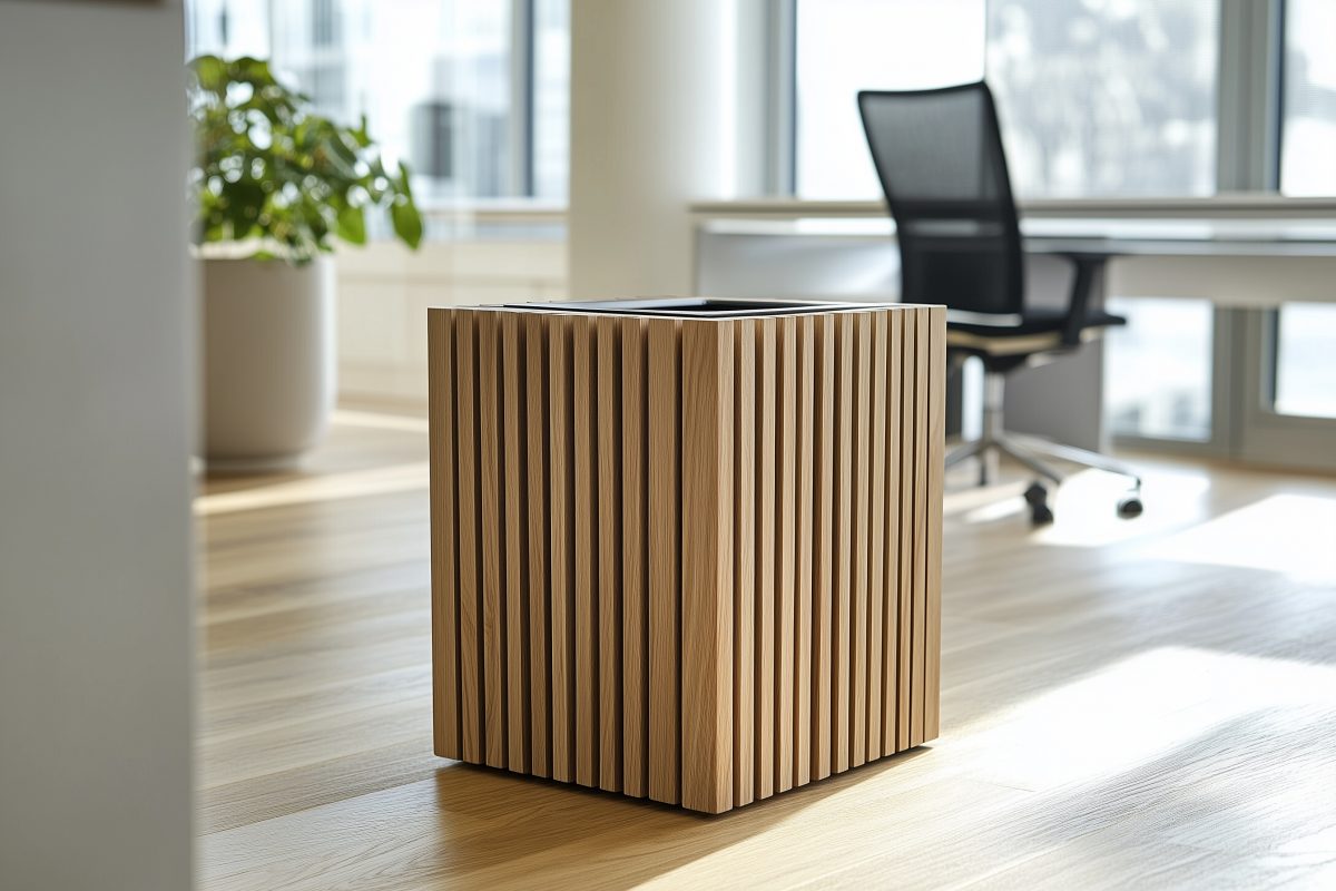 Moderner Pflanzkübel aus vertikalen Eiken houten latten im Büro.