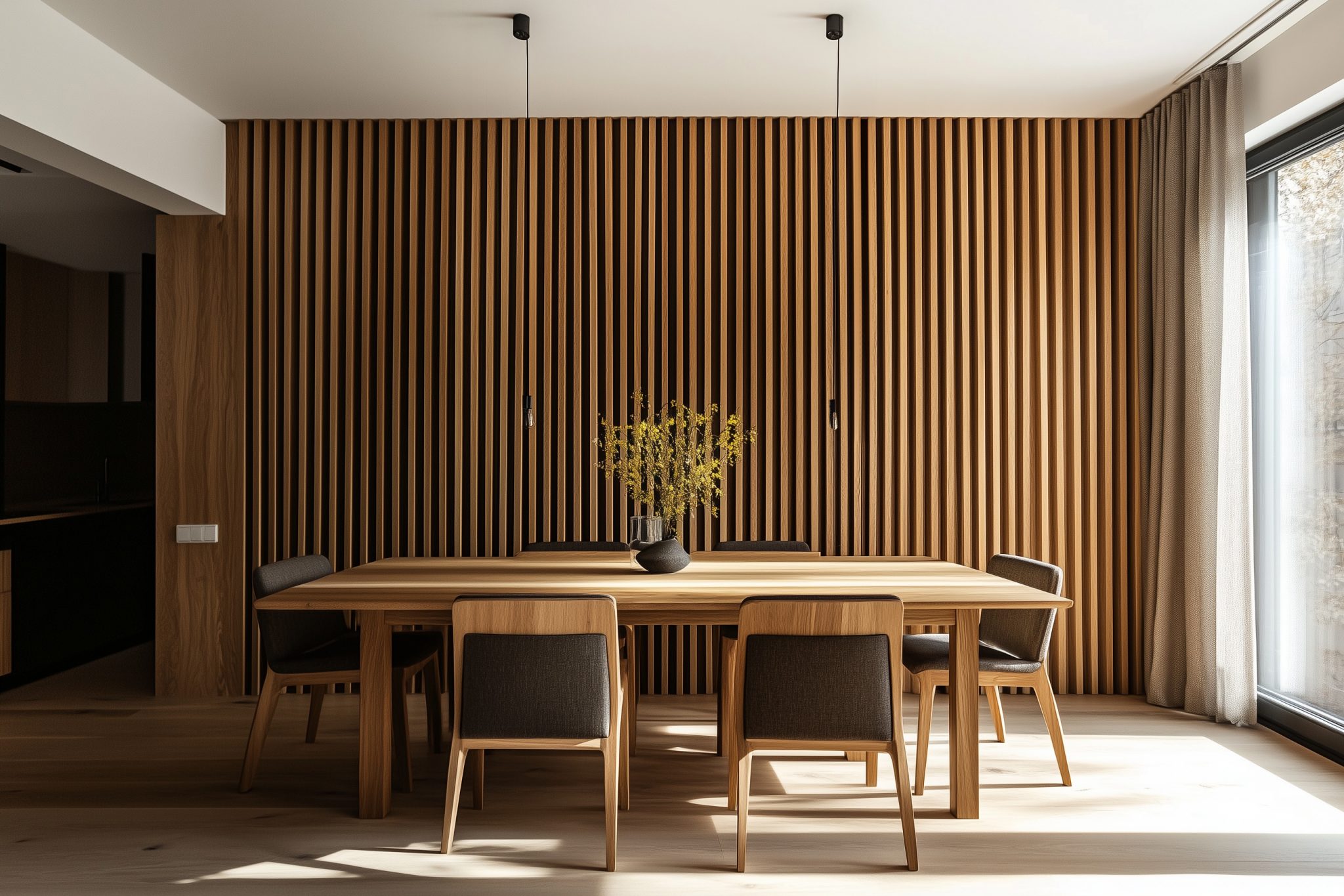Esszimmer mit Wandverkleidung aus vertikalen Eiken houten latten.