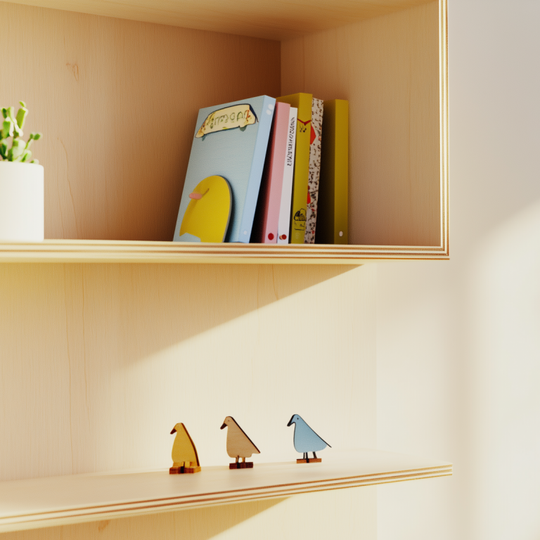 Multiplexplatten verbaut in einem Bücherregal.